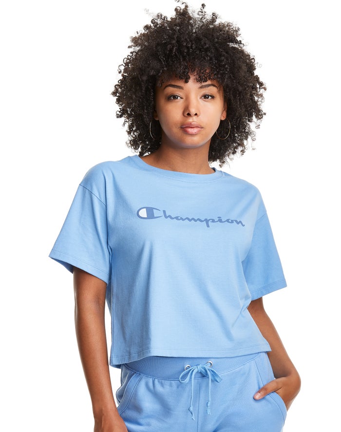 Champion Cropped Script Logo - Naisten VaaleanSininen T-Paita - Suomi 6982305-OE